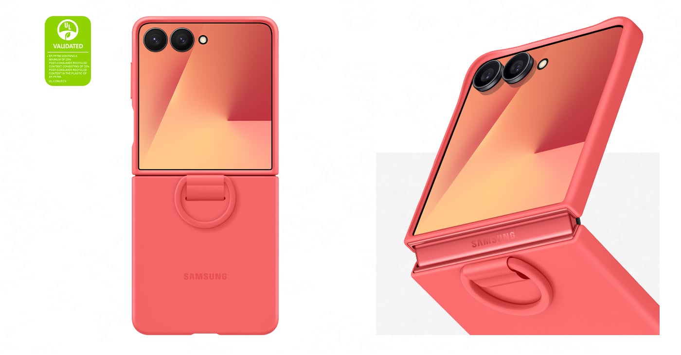 Galaxy Z Flip7 rozłożony w widoku z przodu z założonym czerwonym etui Galaxy Z Flip7 Ring Case (Silicone). Zbliżenie Galaxy Z Flip7 w trybie Flex z tym samym etui Ring Case (Silicone) pokazano pod kątem. Powiększono, aby pokazać smukłą obudowę i dodatkową ochronę wokół aparatu oraz łatwy do przenoszenia pierścień w pobliżu zawiasu. Tekst brzmi ZATWIERDZONY PRZEZ UL PRODUKT EF-PF766 ZAWIERA MINIMUM 23% MATERIAŁÓW POCHODZĄCYCH Z RECYKLINGU POKONSUMENCKIEGO, SKŁADAJĄCY SIĘ W 32% Z PLASTIKU POCHODZĄCEGO Z RECYKLINGU POKONSUMENCKIEGO EF-PF766. UL.COM/ECV