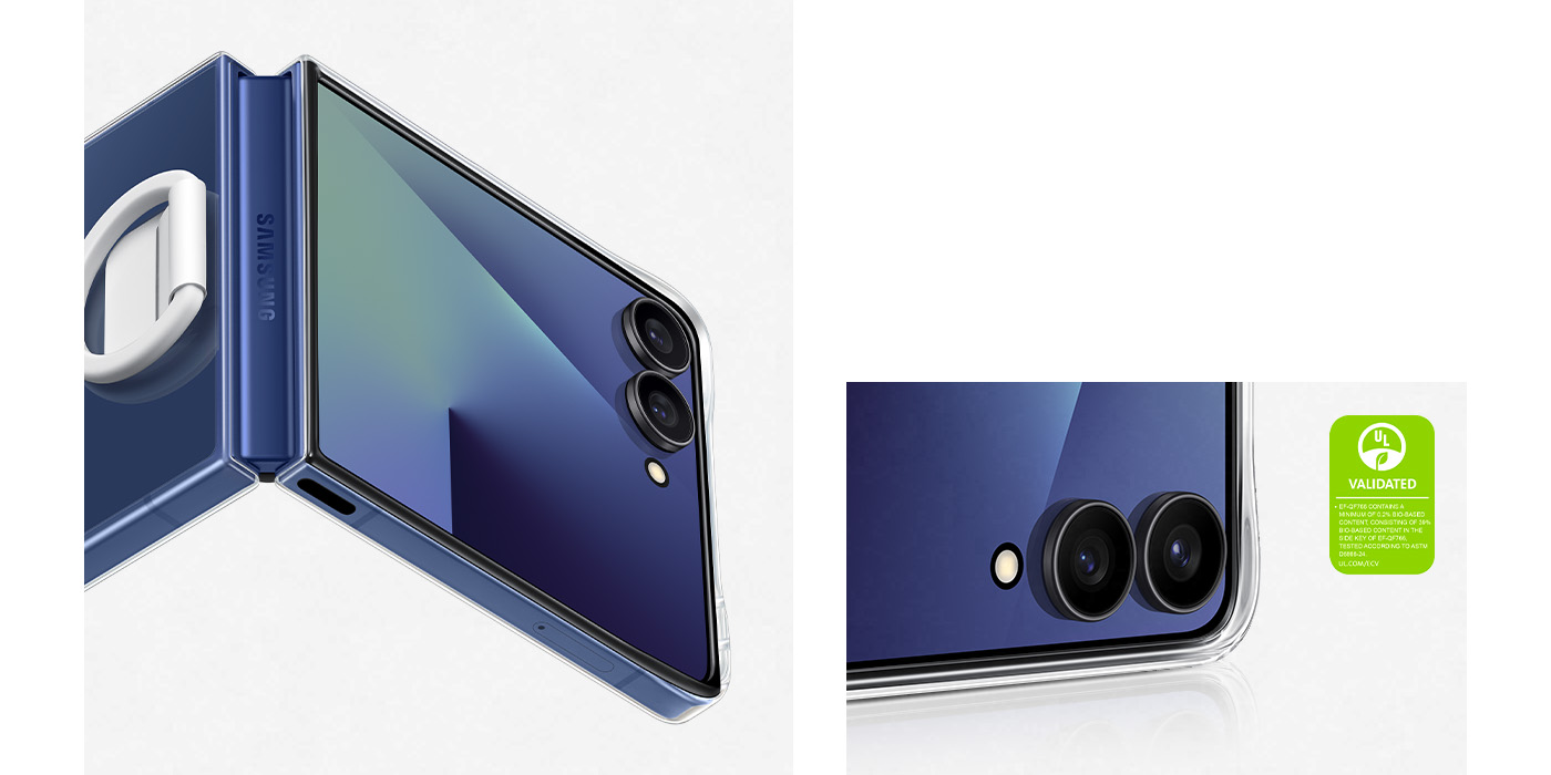 Urządzenie Galaxy Z Flip7 w etui Ring Case (Clear) jest lekko otwarte i podparte pod kątem, z włączonym oknem FlexWindow. Zbliżenie na aparat pokazuje podniesioną krawędź, która zapewnia aparatowi dodatkową ochronę. Tekst brzmi ZATWIERDZONY PRZEZ UL PRODUKT EF-QF766 ZAWIERA MINIMUM 0.2% MATERIAŁÓW POCHODZĄCYCH Z RECYKLINGU BIOLOGICZNEGO, SKŁADAJĄCY SIĘ W 39% MATERIAŁÓW POCHODZĄCYCH Z RECYKLINGU BIOLOGICZNEGO W PRZYCISKU BOCZNYM EF-QF766. TESTOWANY ZGODNIE Z NORMĄ ASTM D6866-24. UL.COM/ECV