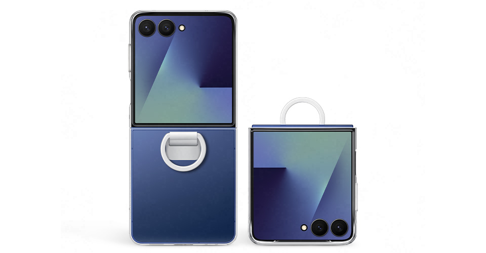 Dwa urządzenia Galaxy Z Flip7 stoją pionowo z przodu z włączonym oknem FlexWindow. Jedno jest rozłożone, a drugie złożone. Mają założone etui Ring Case (Clear), pokazujące łatwe do przenoszenia pierścienie w pobliżu zawiasów.