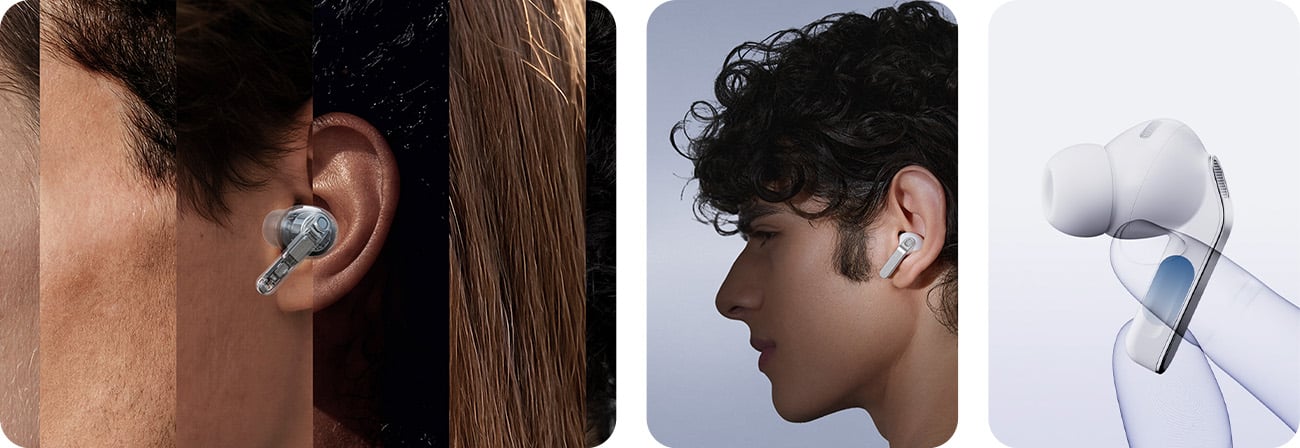 łuchawki Samsung Galaxy Buds, na uchu oraz zbliżenie na słuchawkę z funkcją dotykową.