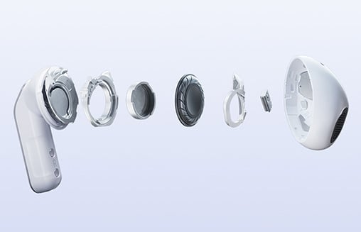 Widok budowy wewnętrznej pojedynczej słuchawki Galaxy Buds4, pokazujący części słuchawki, w tym głośnik niskotonowy.