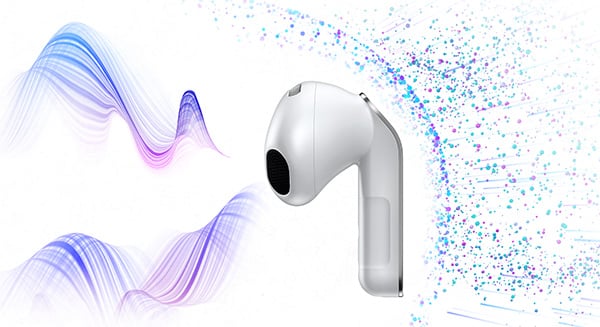 Biała słuchawka Galaxy Buds4; linie wchodzą z lewej, a oddzielone kropki po prawej pokazują ANC.