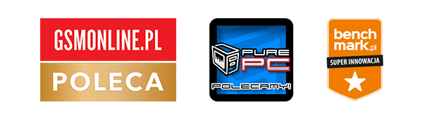 Loga nagród GSMonline, PurePC i Benchmark – polecane produkty i innowacja.