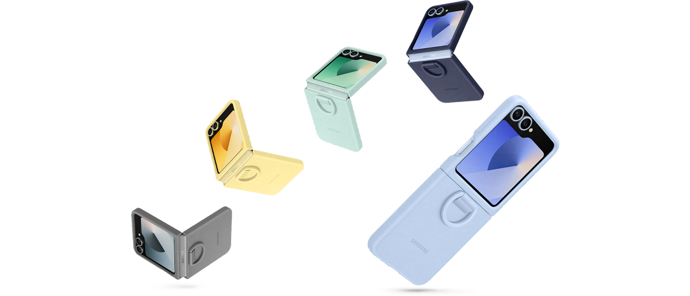 Fünf Galaxy Z Flip6-Telefone in verschiedenen Positionen, alle mit Silicone Cases in lustigen und stilvollen Farben. Farben sind Grau, Dunkelblau, Blau, Gelb und Mint.