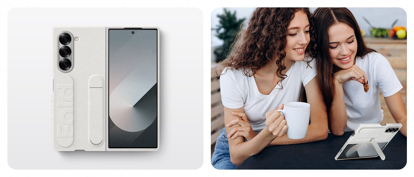 Lewe zdjęcie to górne ujęcie Galaxy Z Fold6 w białym Silicone Case. Prawe to ujęcie tego samego telefonu i etui umieszczonych na stole za pomocą uniwersalnego uchwytu i podstawki, podczas gdy dwie osoby cieszą się oglądaniem czegoś na jego ekranie