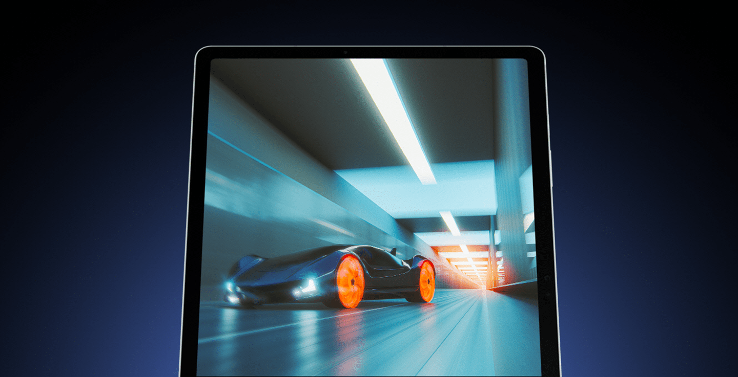 sm-x610-04-smooth-display pc2 Tablet Samsung Galaxy S9 FE, na którego ekranie wyświetlana jest gra wideo – futurystyczny sportowy samochód z czerwonymi kołami jedzie szybko przez tunel.