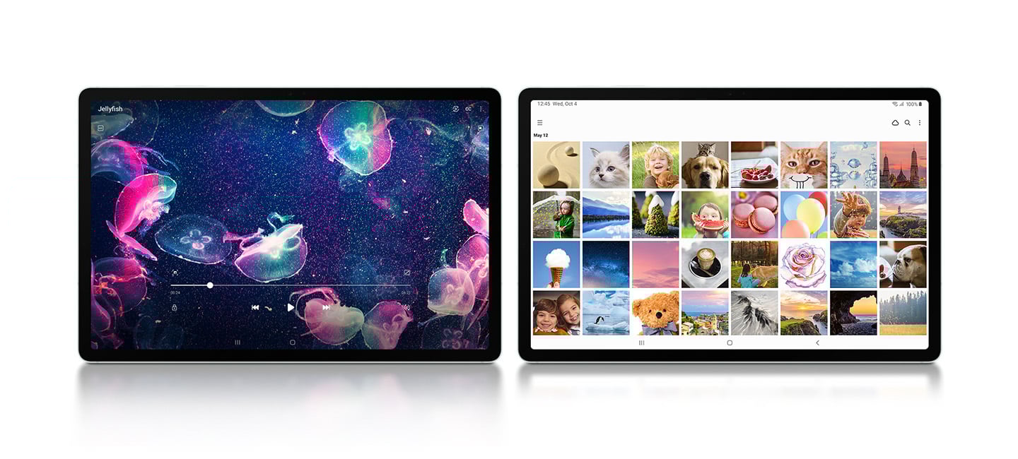 sm-x610-10-ap-and-memory-and-storage pc1 Dwa tablety Samsung Galaxy Tab S9 FE pokazane przodem, ustawione obok siebie. Na tablecie po lewej odtwarzane jest wideo z różowo-niebieskimi meduzami. Na urządzeniu po prawej przedstawiona jest galeria różnych zdjęć – zwierząt, krajobrazów i innych.