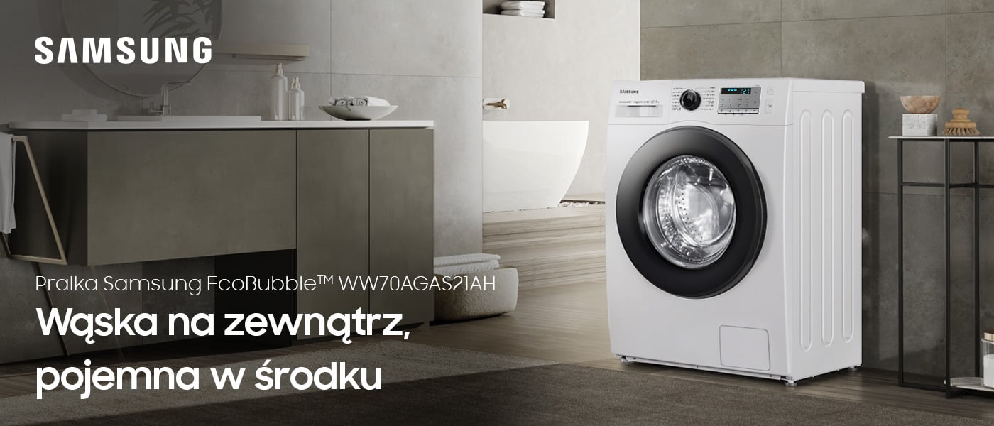 Pralka Slim EcoBubble Samsung WW70AGAS21AH w nowoczesnej, szarej łazience