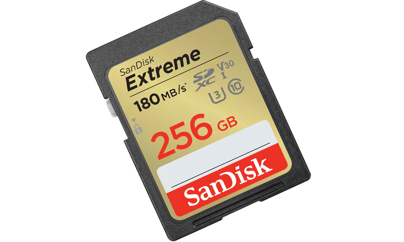 SanDisk 256GB SDXC Extreme 180MB/s A2 C10 V30 UHS-I U3 pod kątem