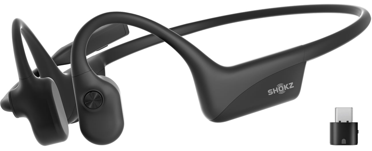 Słuchawki Shokz OpenComm2 UC Czarne - Widok od przodu pod kątem wraz z adapterem USB-C