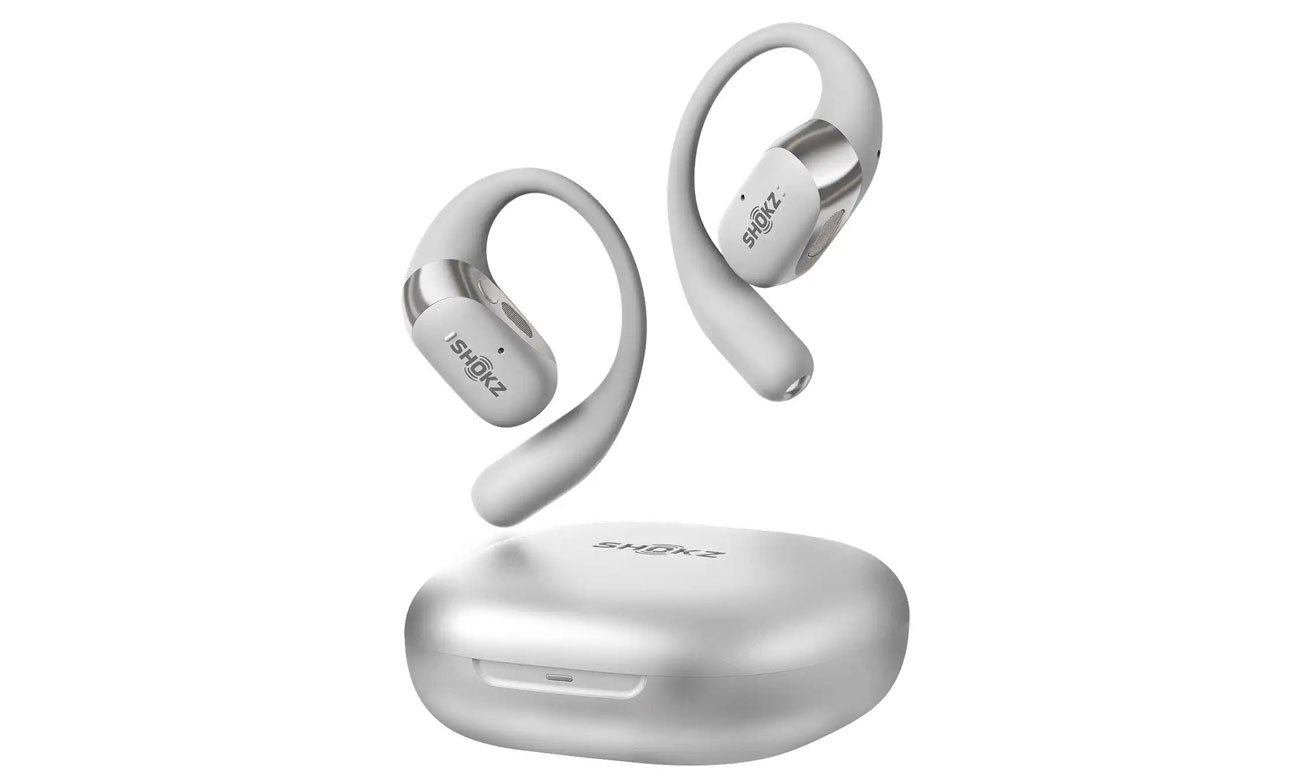 Słuchawki bezprzewodowe Shokz OpenFit 2+ Szare - Widok od przodu wraz z otwartym etui ładującym