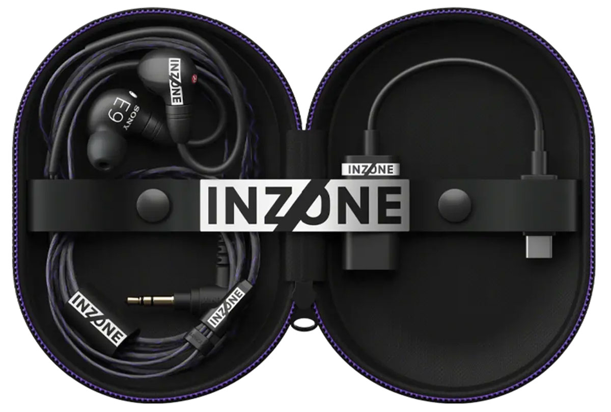 Słuchawki przewodowe Sony INZONE E9 Czarne - Widok ogólny wraz z etui i akcesoriami