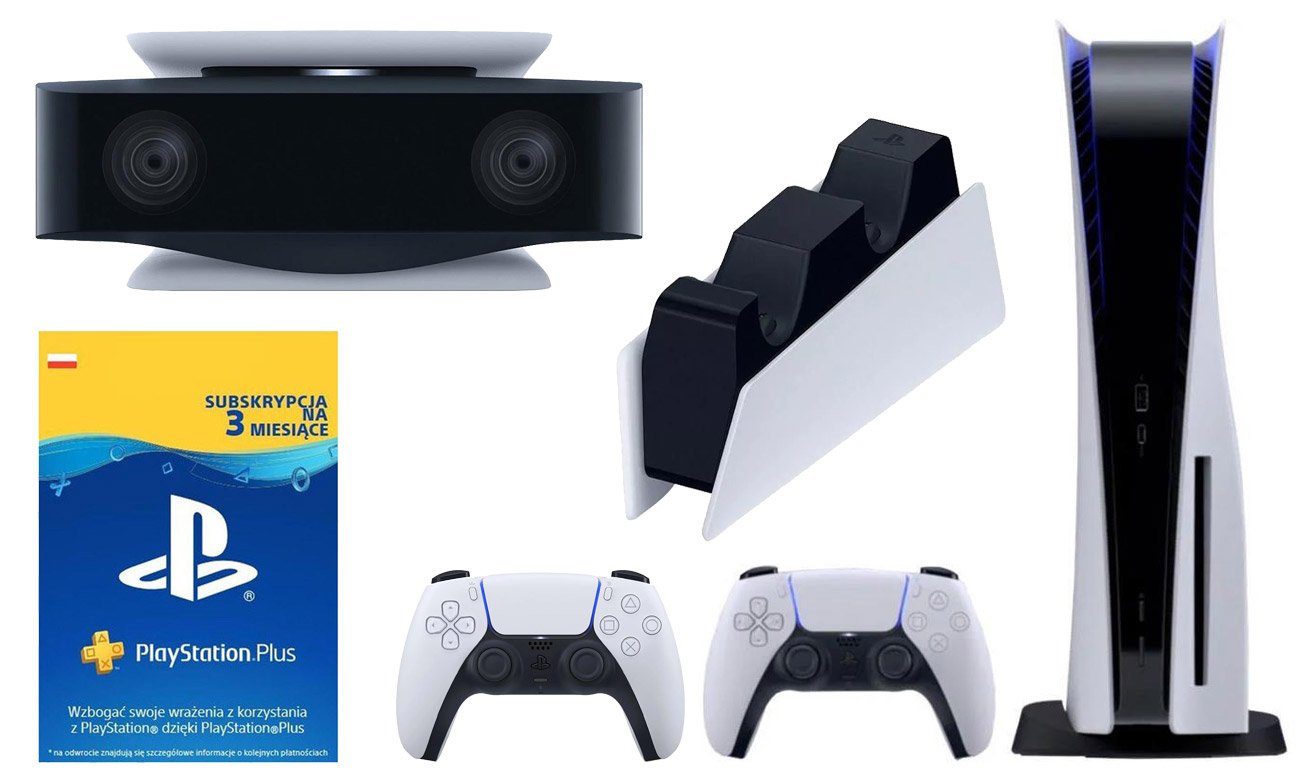 Zestaw PlayStation 5 + Pad + Stacja ładująca + kamera + PlayStation Plus 90 dni