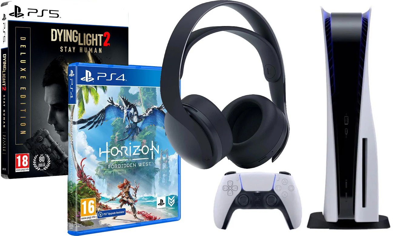 Zestaw PlayStation 5 + Horizon Forbidden West + Dying Light 2 + Pulse 3D Wireless Headset