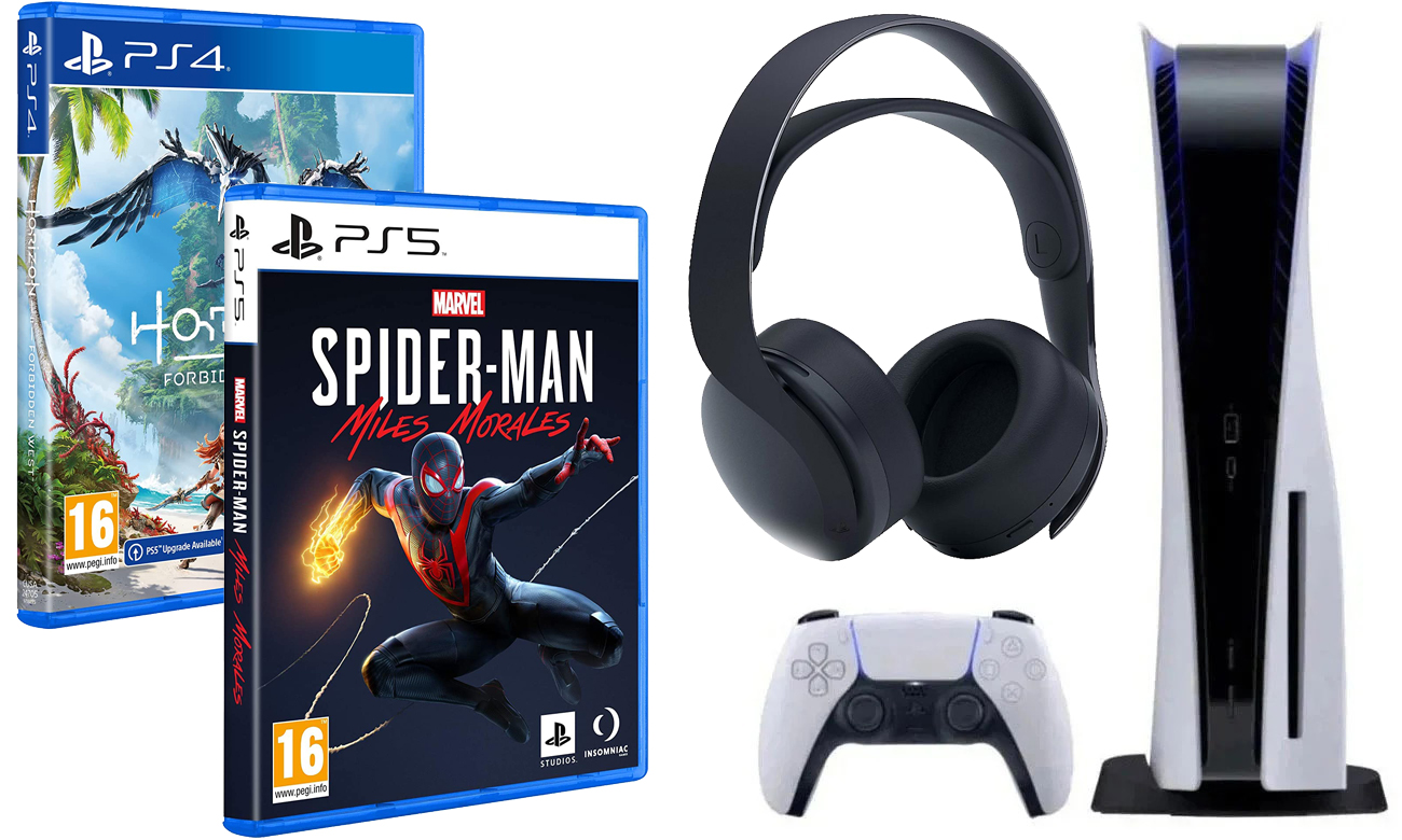 Zestaw PlayStation 5 + Horizon Forbidden West + Marvel's Spider-Man: Miles Morales + Pulse 3D Wireless Headset Black