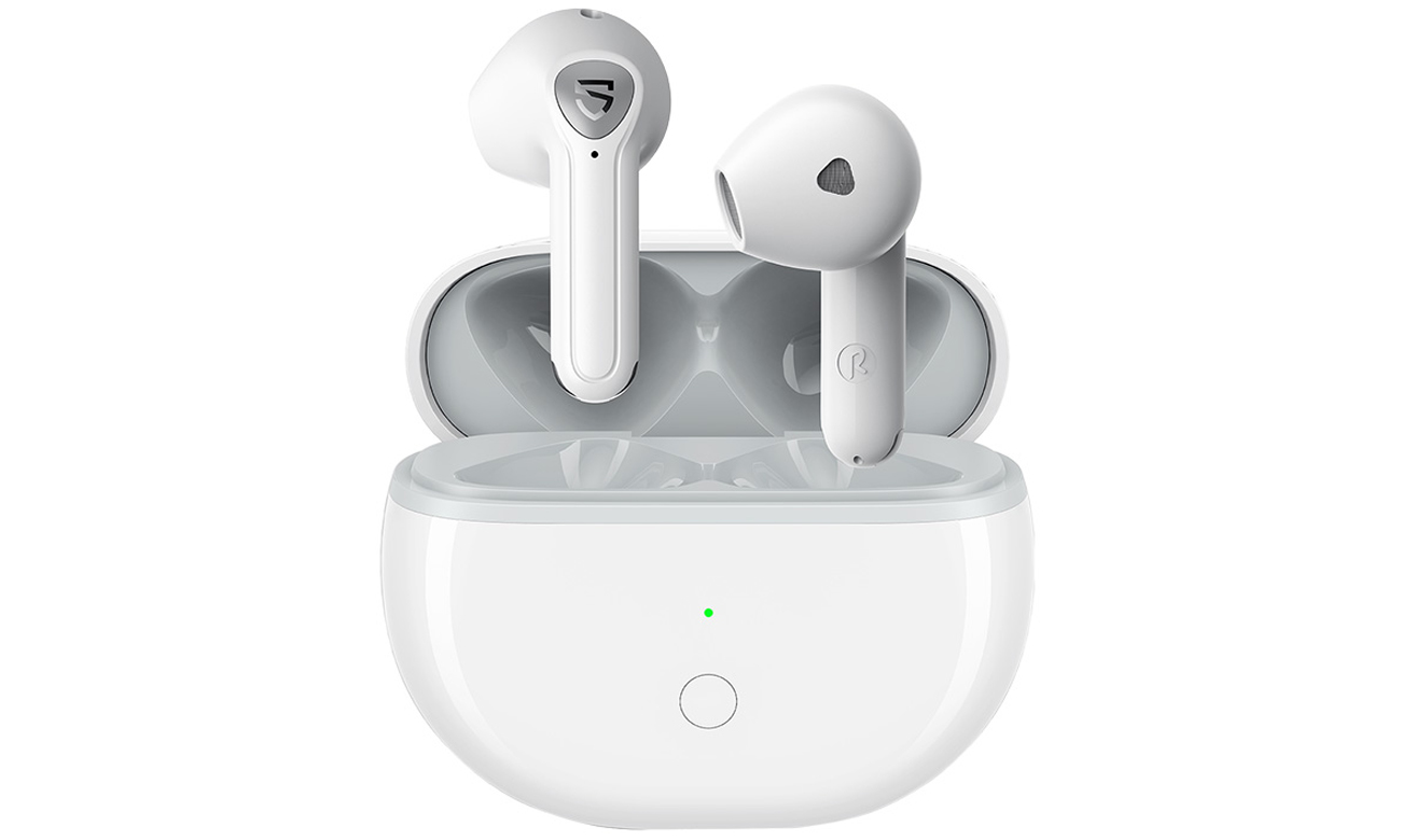 Słuchawki bezprzewodowe Soundpeats Air3 Deluxe Białe - Widok od przodu wraz z otwartym etui ładującym