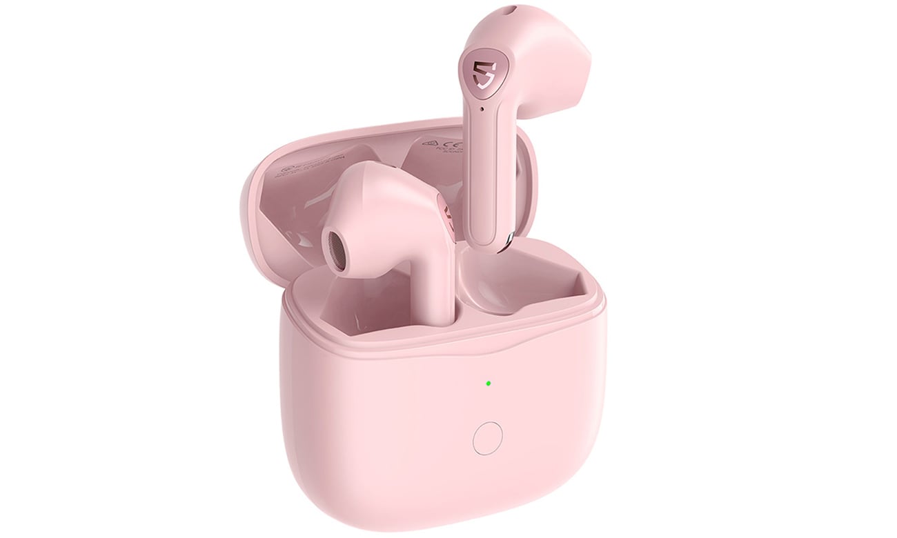 Słuchawki bezprzewodowe Soundpeats Air3 Pink - Widok od przodu pod kątem wraz z otwartym etui ładującym