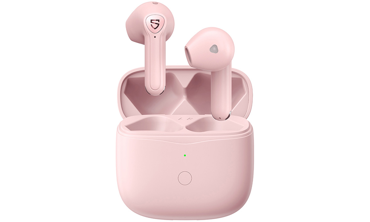 Słuchawki bezprzewodowe Soundpeats Air3 Pink - Widok od przodu wraz z otwartym etui ładującym