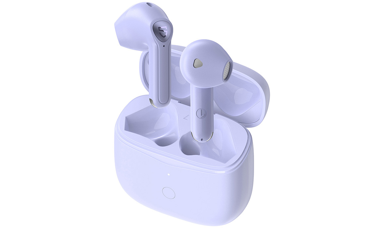 Słuchawki bezprzewodowe Soundpeats Air3 Purple - Widok od przodu pod kątem wraz z otwartym etui ładującym