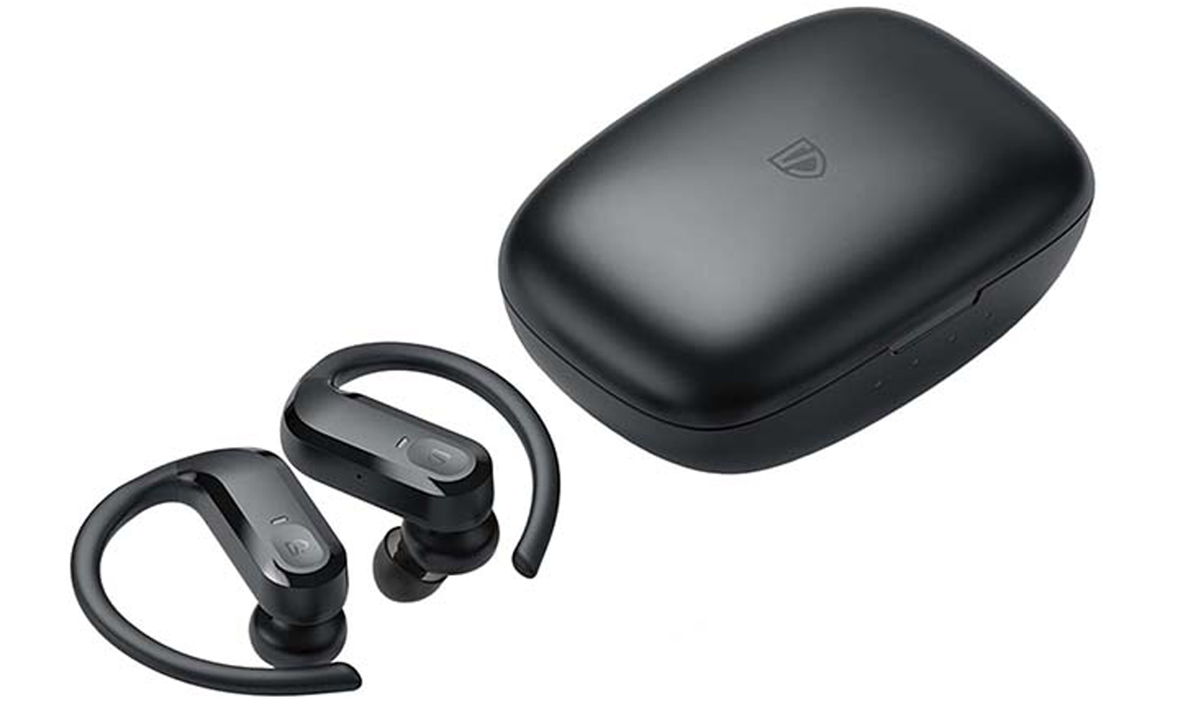 Słuchawki bezprzewodowe Soundpeats Mini Pro Czarne - Widok od przodu pod kątem wraz z zamkniętym etui ładującym
