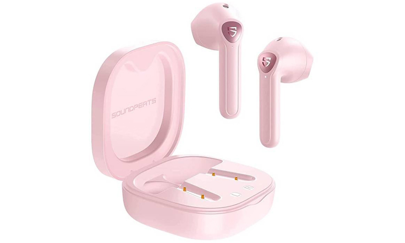Słuchawki bezprzewodowe Soundpeats TrueAir 2 Pink - Widok ogólny wraz z otwartym etui ładującym