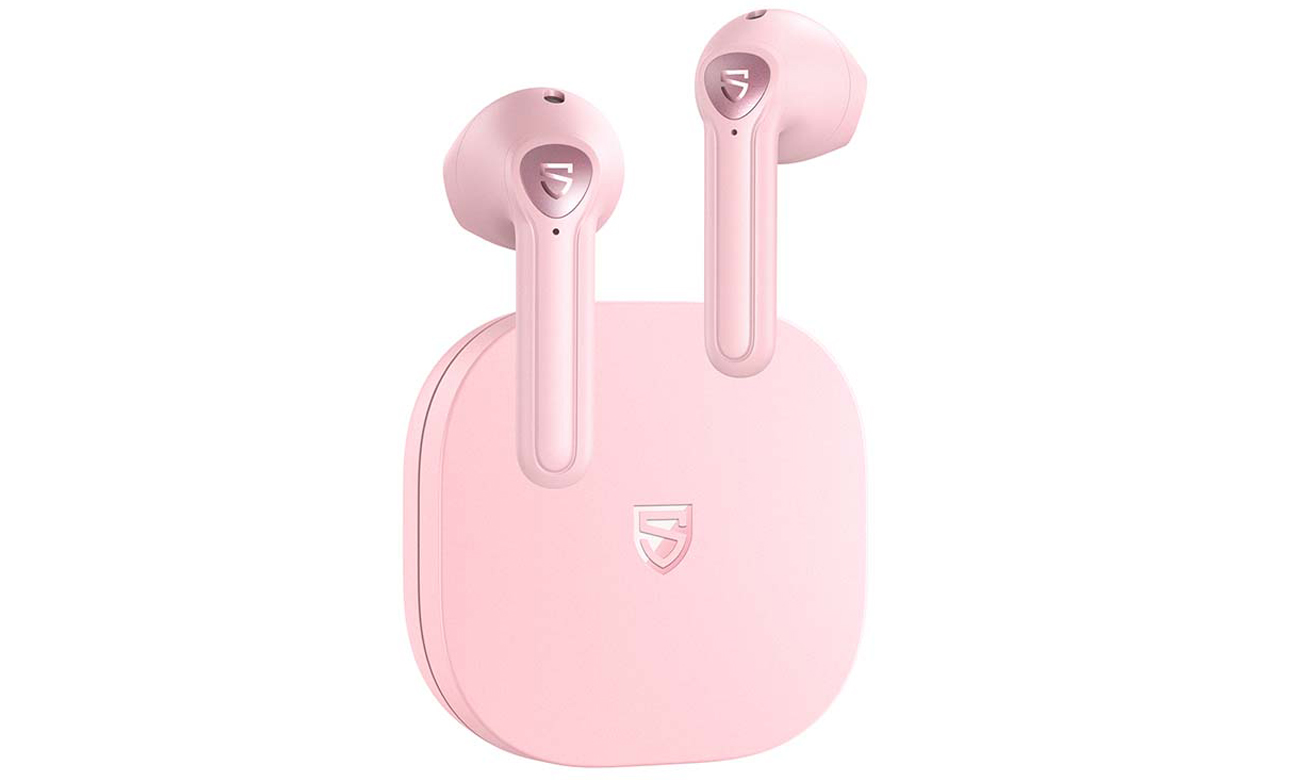 Słuchawki bezprzewodowe Soundpeats TrueAir 2 Pink - Widok od przodu wraz z zamkniętym etui ładującym