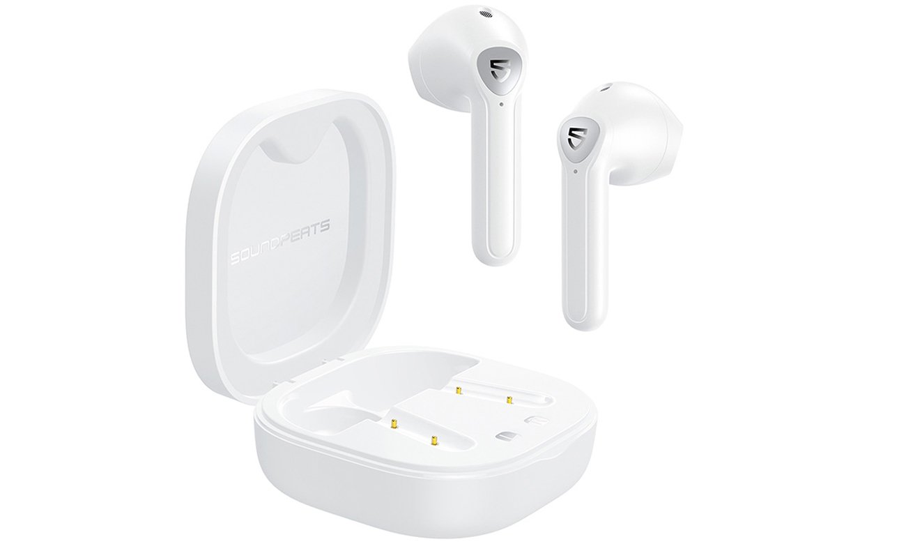 Słuchawki bezprzewodowe Soundpeats TrueAir 2 White - Widok ogólny wraz z otwartym etui ładującym