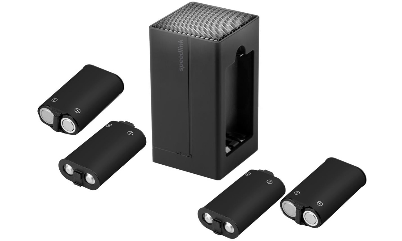 Ładowarka SpeedLink JUIZZ USB do kontrolerów Xbox Series X|S / Xbox One - Widok od przodu pod kątem + akumulatory