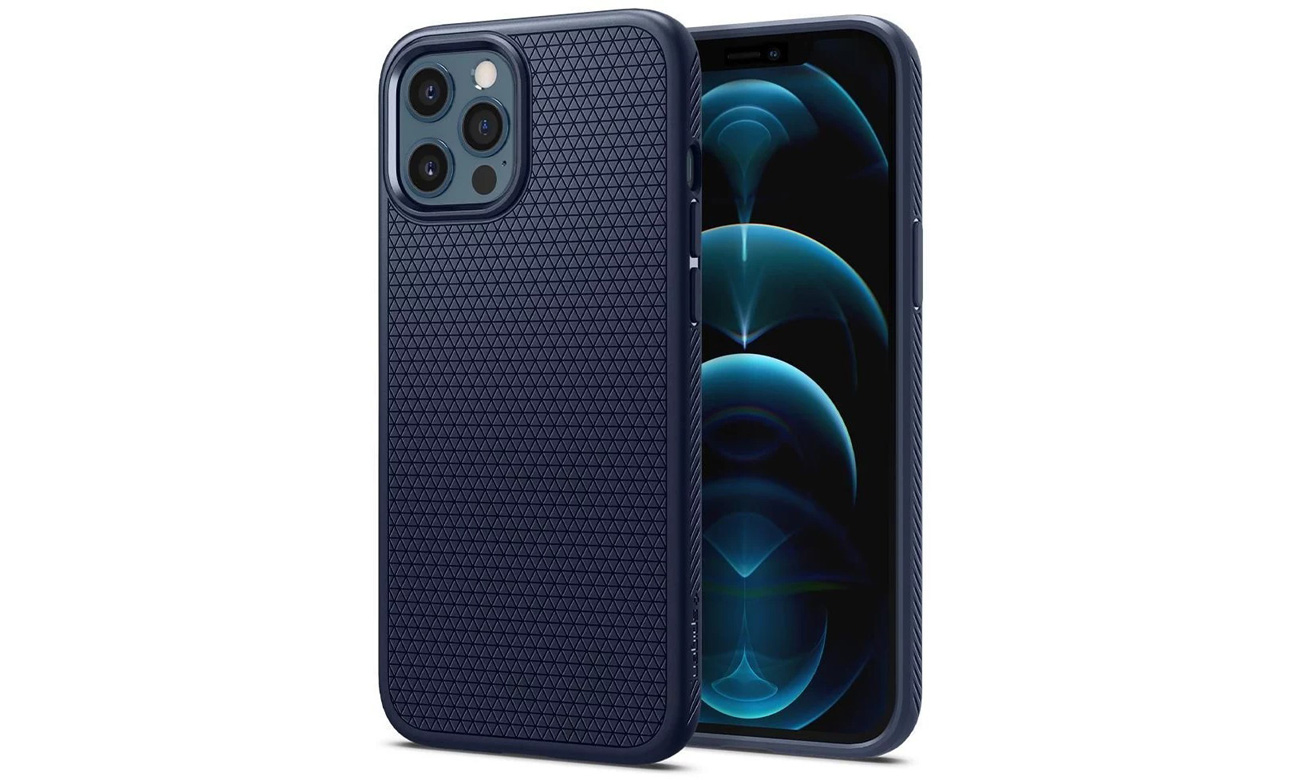 Etui Spigen Liquid Air do iPhone 12 Pro Max Navy blue - Widok od przodu i od tyłu pod kątem