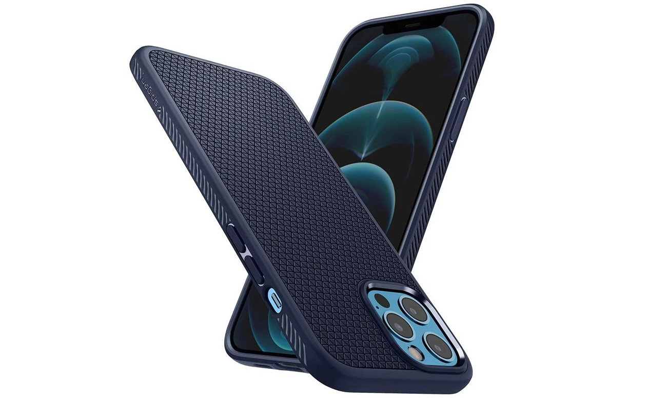 Etui Spigen Liquid Air do iPhone 12 Pro Max Navy blue - Widok od przodu i od tyłu pod kątem