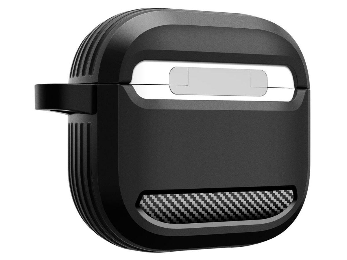 Spigen Rugged Armor Hülle für Apple AirPods 4. Generation Schwarz - Rückansicht im Winkel