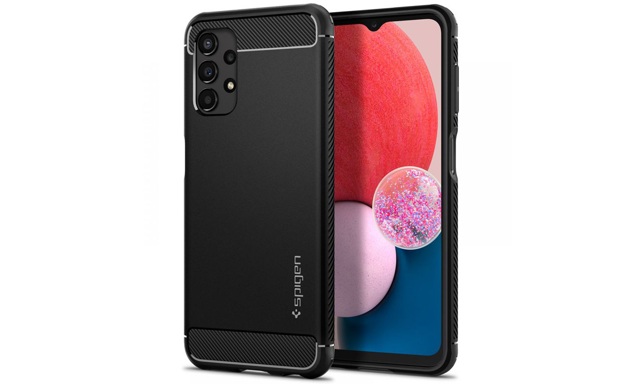 Etui Spigen Rugged Armor do Samsung Galaxy A13 Czarne - Widok z przodu i z tyłu pod kątem