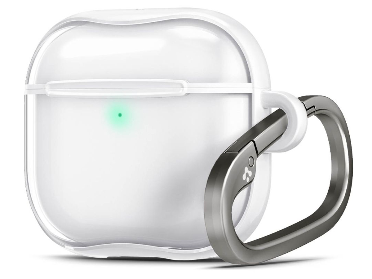 Spigen Ultra Hybrid Hülle für Apple AirPods 4. Generation Jet White - Vorderansicht im Winkel