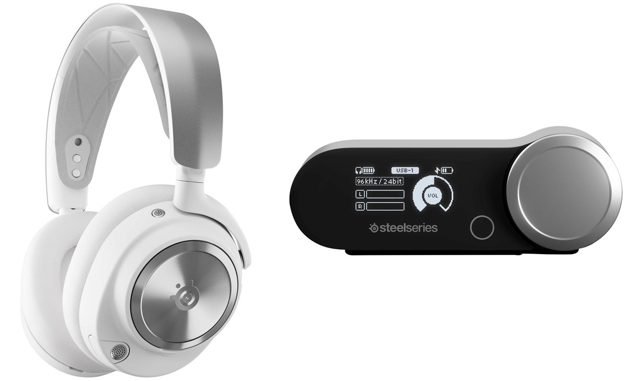 Zestaw słuchawkowy SteelSeries Arctis Nova Pro Wireless Biały - Widok od przodu pod kątem wraz ze stacją bazową