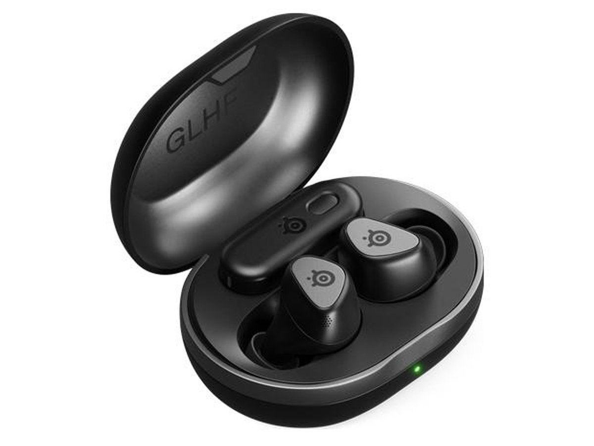 Бездротові навушники SteelSeries Arctis GameBuds чорні - вид спереду під кутом із відкритим зарядним футляром