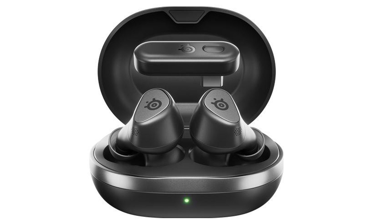 Słuchawki bezprzewodowe SteelSeries Arctis GameBuds dla Xbox - Widok od przodu wraz z otwartym etui ładującym