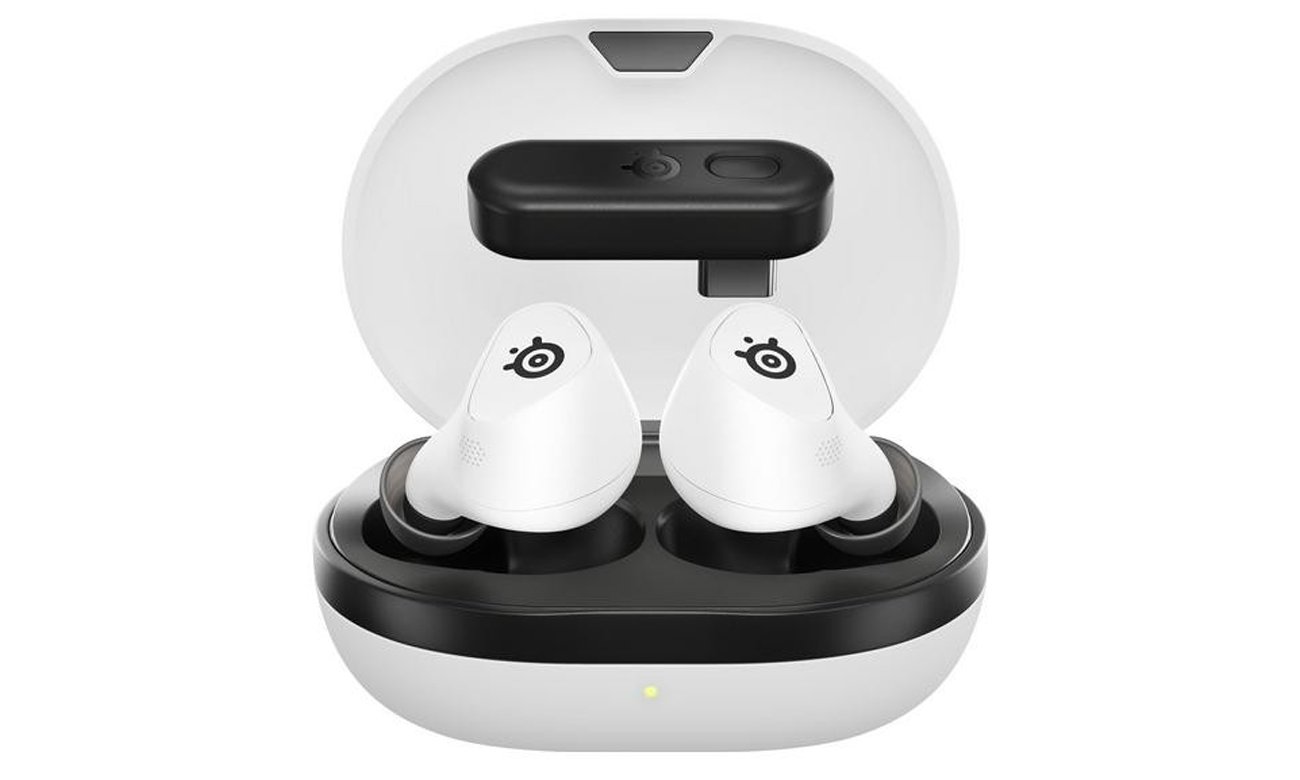Słuchawki bezprzewodowe SteelSeries Arctis GameBuds Białe - Widok od przodu wraz z otwartym etui ładującym