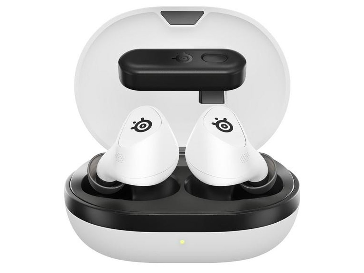 Słuchawki bezprzewodowe SteelSeries Arctis GameBuds Białe - Widok od przodu wraz z otwartym etui ładującym