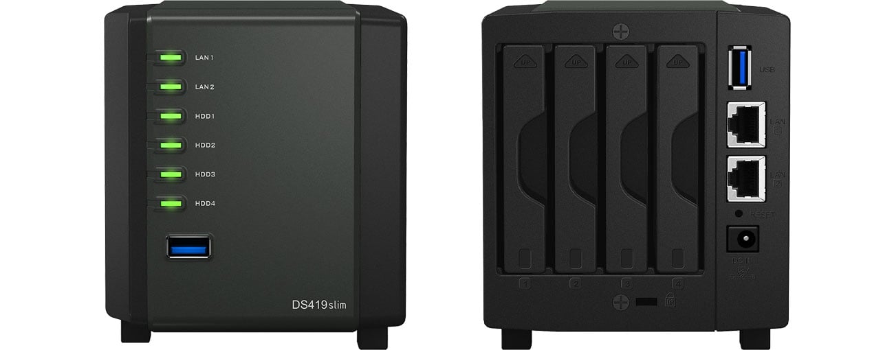 Synology DS419slim - Przód, tył, złącza USB, LAN