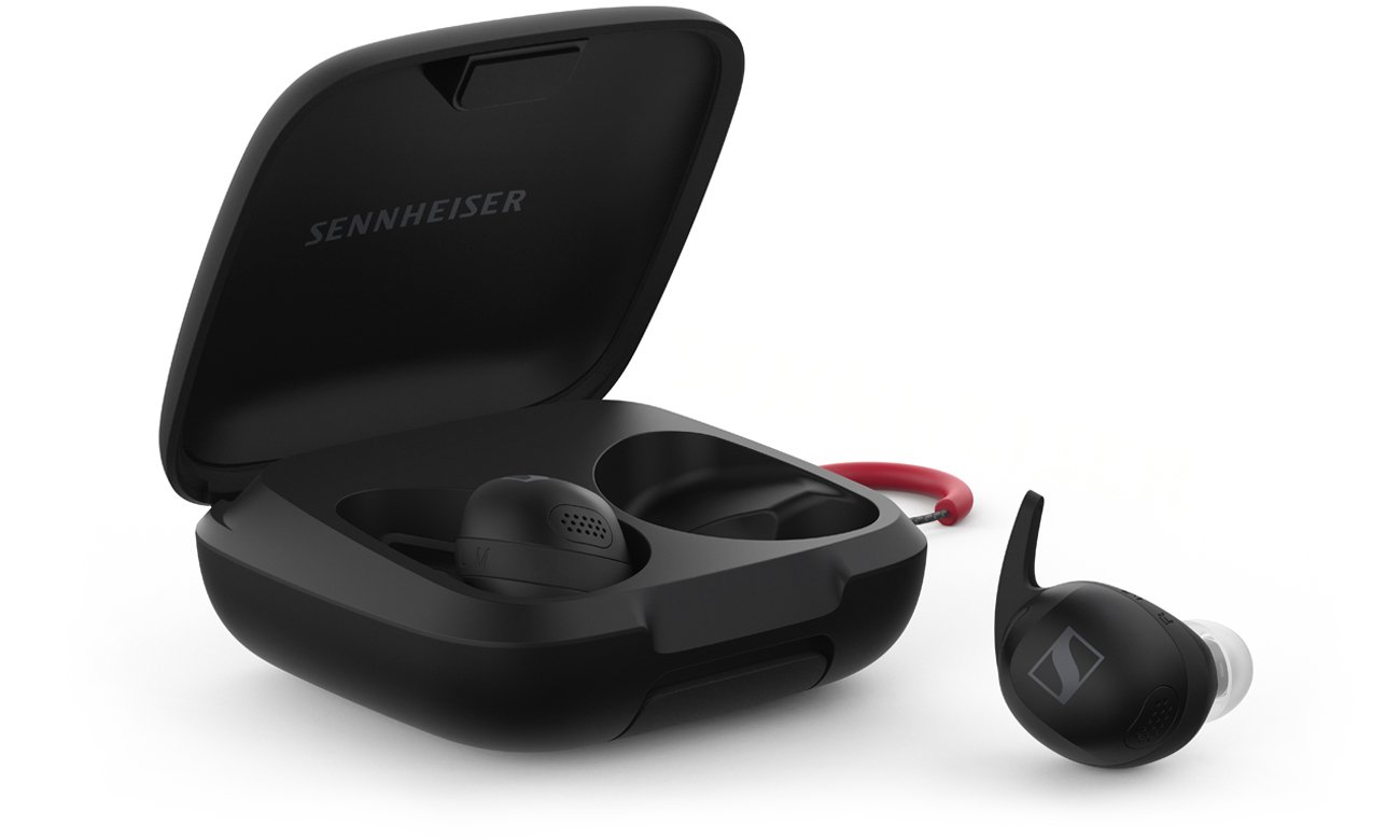 Słuchawki bezprzewodowe Sennheiser MOMENTUM Sport Czarne - Widok ogólny wraz z otwartym etui ładującym