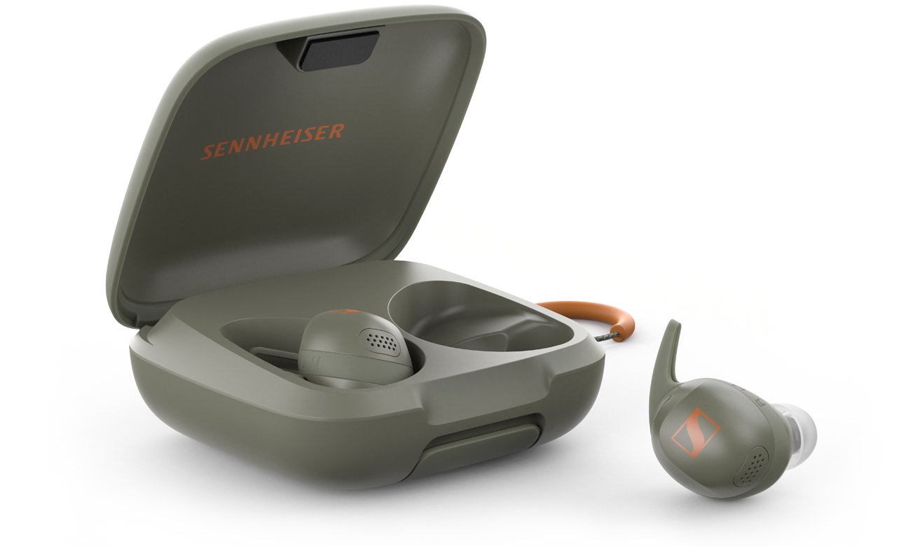 Бездротові навушники Sennheiser MOMENTUM Sport Olive - загальний вигляд із відкритим зарядним футляром