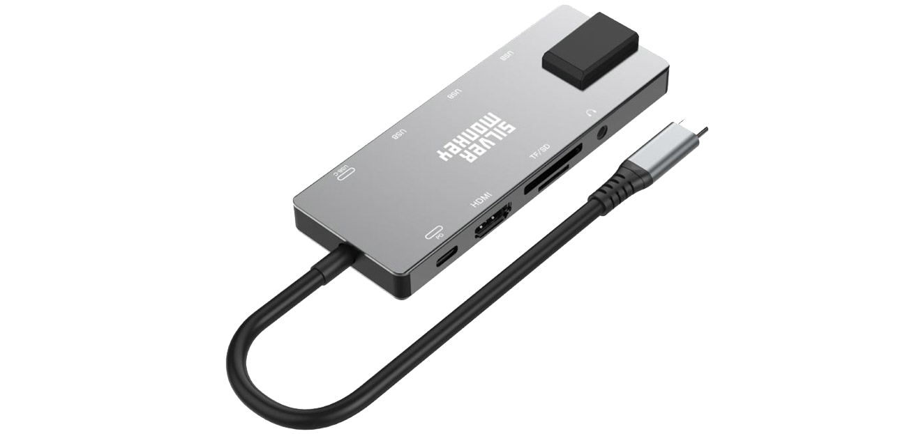 Porty w stacji dokujacej USB-C, USB-A, HDMI, RJ-45,PD 100W Silver Monkey