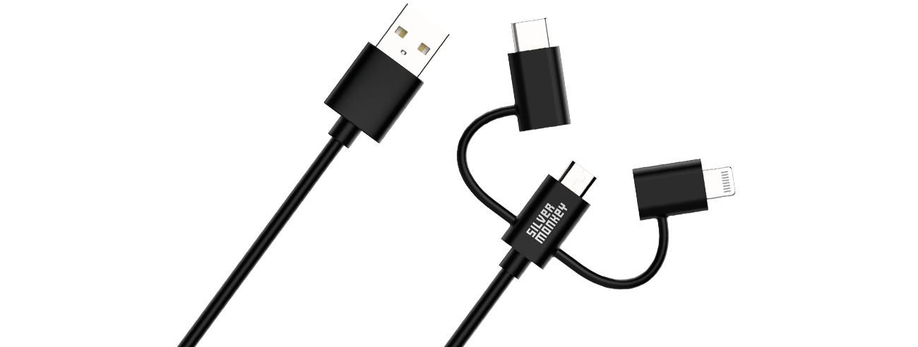 Silver Monkey X 3in1 USB-C, Micro USB, Lightning MFI Kabel 1m 