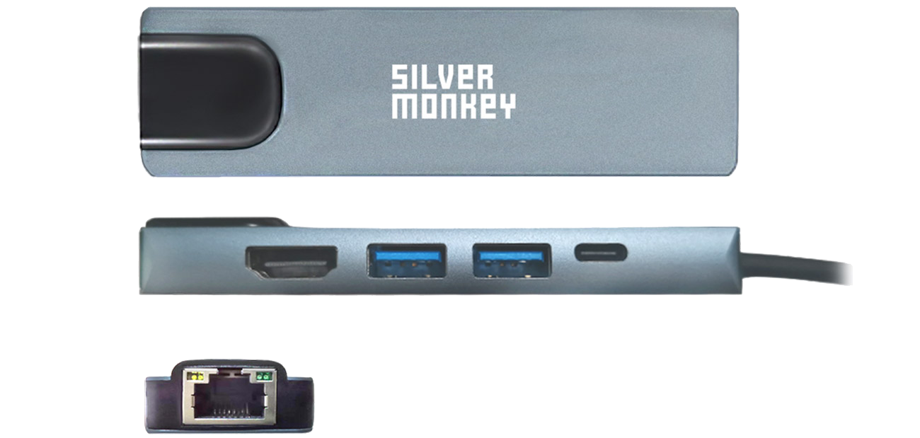 Adapter USB-C,RJ-45, HDMI, 2x USB, USB-C (PD 60W) Silver Monkey