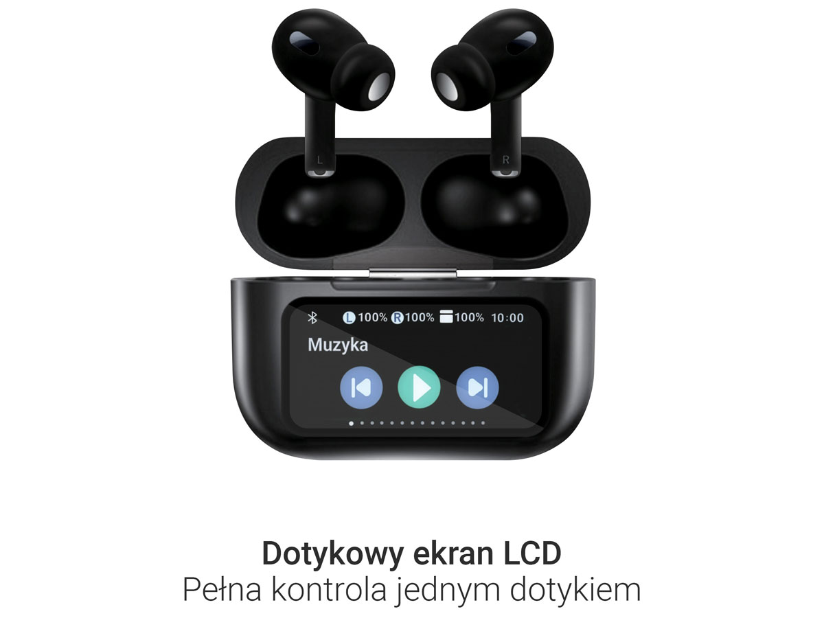 Silver Monkey Smart Buds Pro - Widok ogólny wraz z otwartym etui ładującym