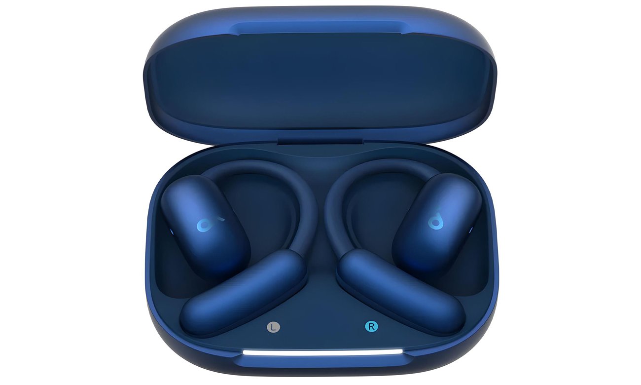 Słuchawki bezprzewodowe Soundcore AeroFit 2 Niebieskie - Widok od przodu wraz z otwartym etui ładującym