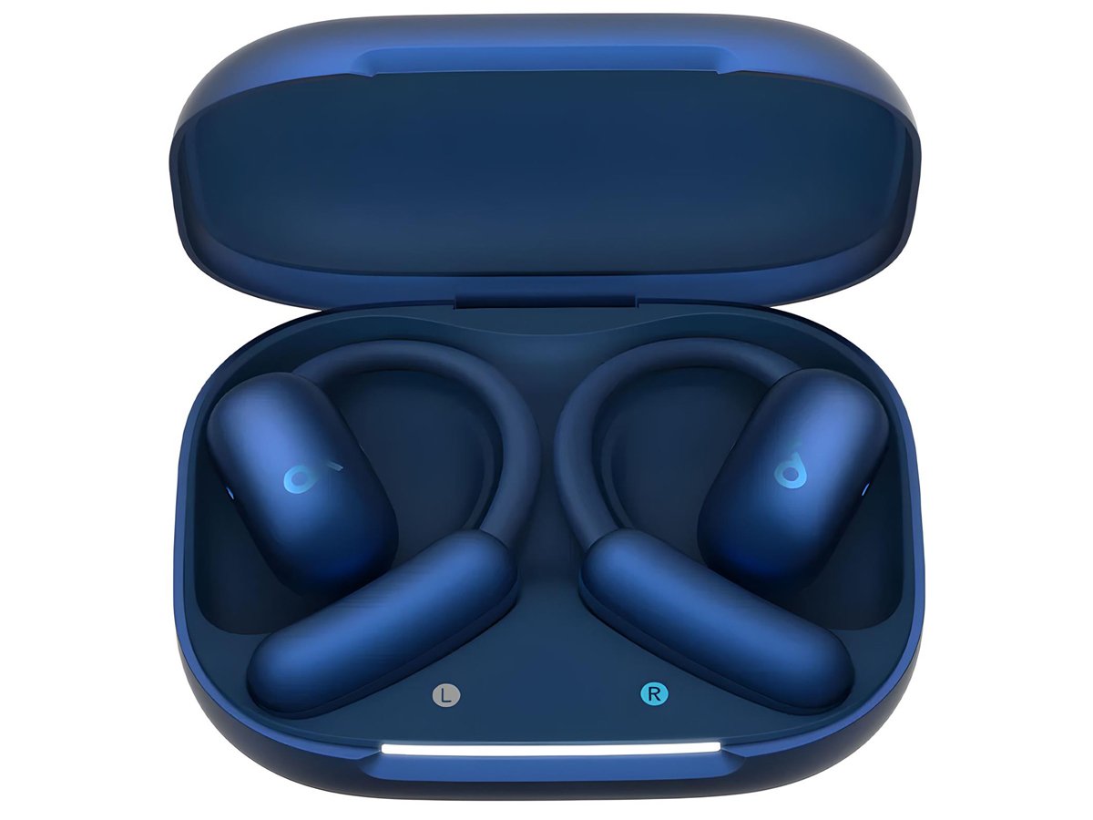Słuchawki bezprzewodowe Soundcore AeroFit 2 Niebieskie - Widok od przodu wraz z otwartym etui ładującym
