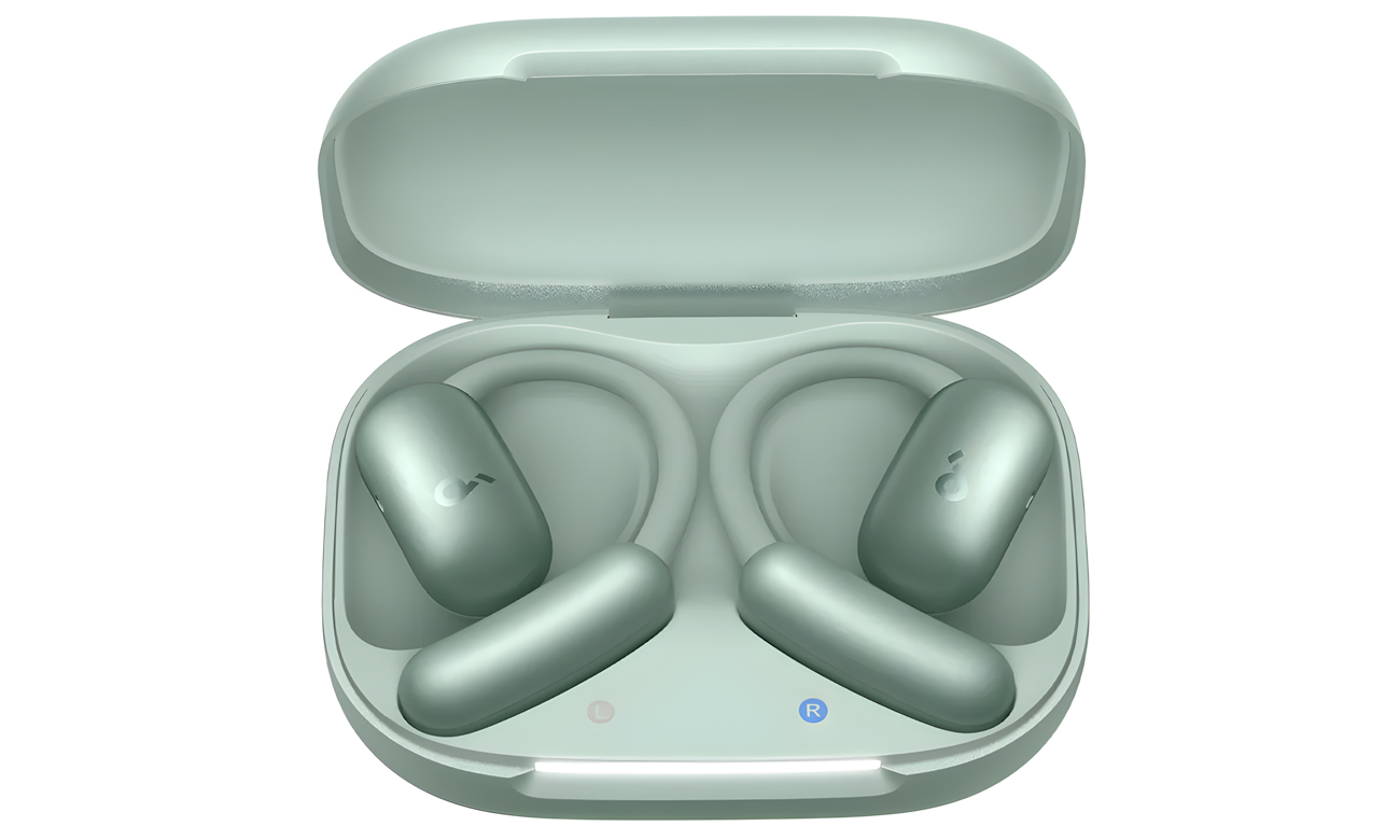 Słuchawki bezprzewodowe Soundcore AeroFit 2 Zielone - Widok od przodu wraz z otwartym etui ładującym