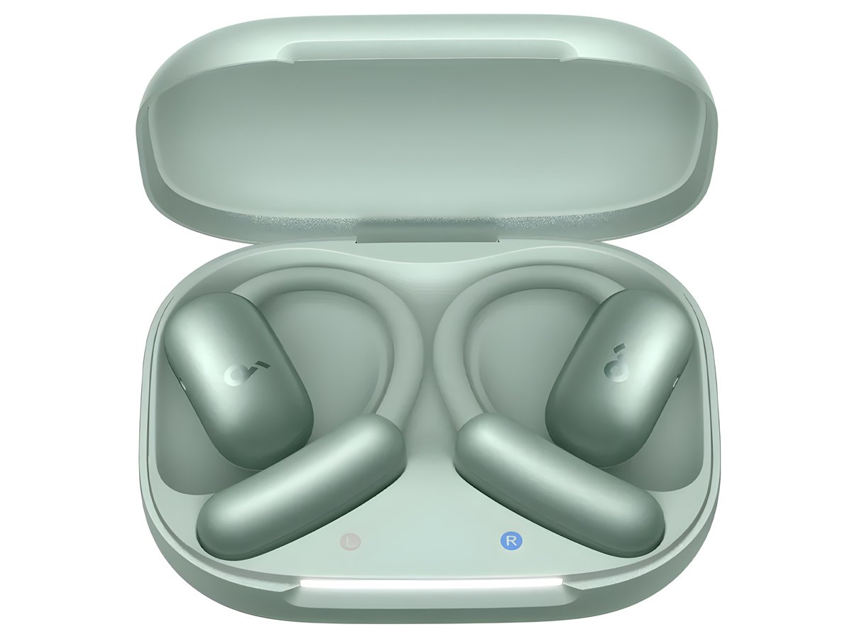 Słuchawki bezprzewodowe Soundcore AeroFit 2 Zielone - Widok od przodu wraz z otwartym etui ładującym