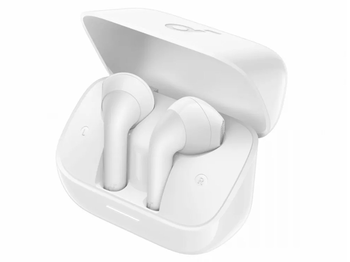 Słuchawki bezprzewodowe SoundCore K20i Białe - Widok od przodu pod kątem wraz z otwartym etui ładującym